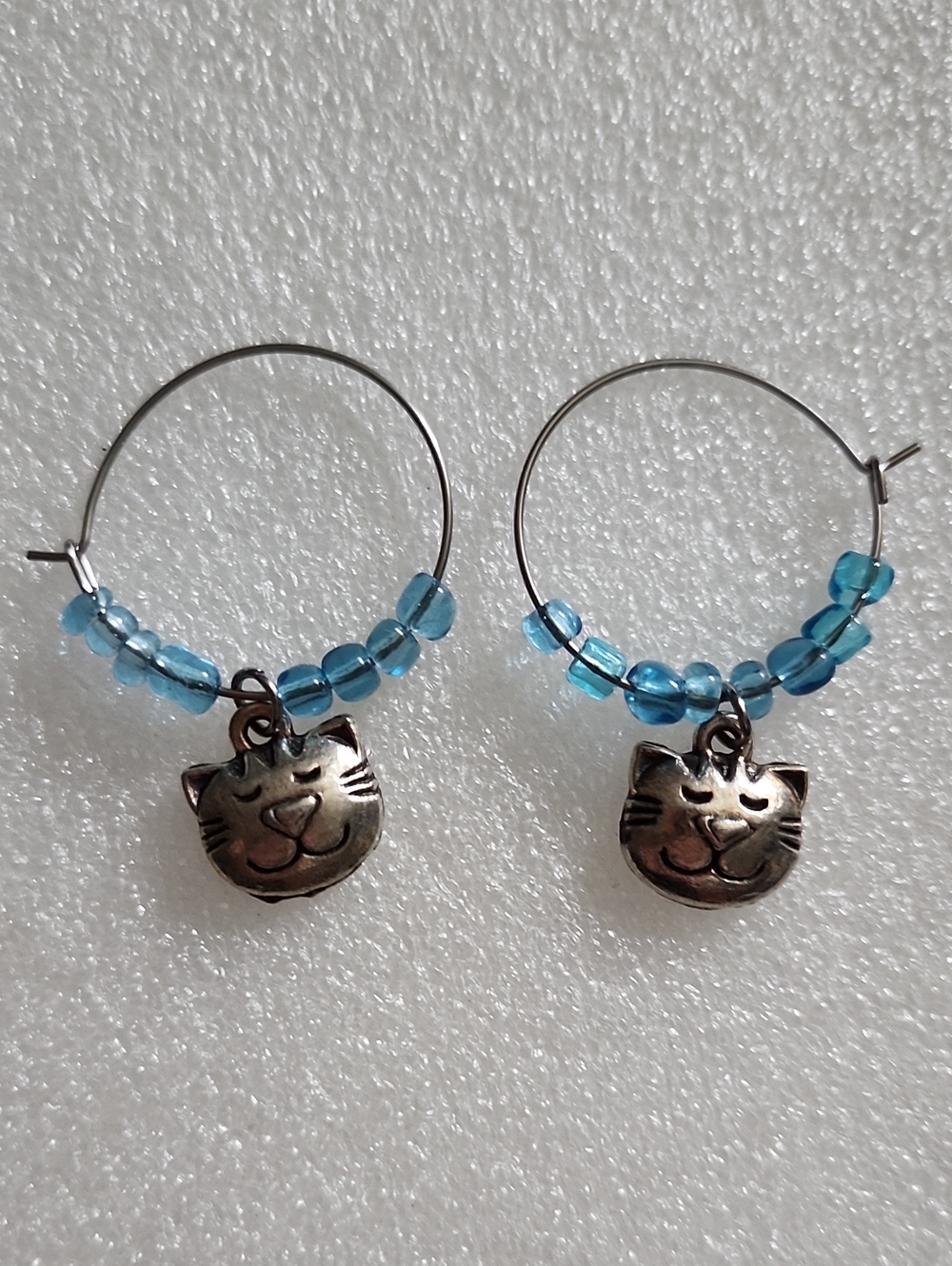 Hand Crafted Light Blue Bead Hoop Earrings with Cat Charms